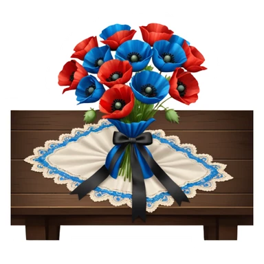 A very lush bouquet of bright blue and vivid red poppies black satin ribbon, resting on an antique wooden table, with an off white lace pattern table cloth sticker