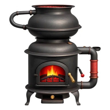 Vintage pot-belly coal stove from early 1900s with chimney pipe, rustic black iron with red glowing coals inside sticker