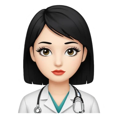 Medical student, black hair, black eyes, false eyelashes, makeup, eyeliner,  sticker