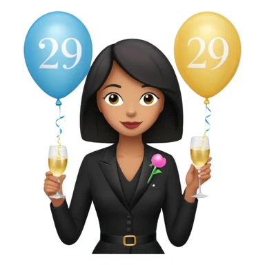 Emoji-style illustration of a funny woman in black funeral outfit holding a prosecco glass, balloon with number 29, ironic birthday funeral theme, playful expression, flat emoji design, pastel tones, high resolution sticker