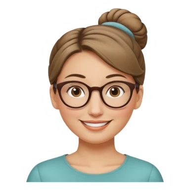 femme de 38 ans avec des cheveux blond foncé sans mèche devant, un chignon haut, yeux bruns, lunettes rondes, visage ovale sticker