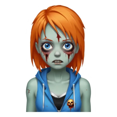 сделай рыжую девушку зомби с избитым лицом, не в полный рост, пусть ее рыжие волосы будут ниже груди с осветленными прядями, глаза у нее будут голубые, а одета она будет в дранную белую майку и черную зип худи sticker