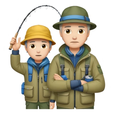 Father and son in fishing gear gesturing that they are cold sticker