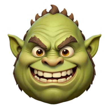 Cinematic Comical Ogre Portrait Emoji, with a strikingly exaggerated, bulky figure in vivid earthy greens and browns, head tilted in a dramatically surprised expression with wide, comically bulging eyes and a goofy, oversized grin, simplified yet hilariously exaggerated, highly detailed with a soft, cartoonish glowing outline capturing the playful absurdity of a meme-worthy ogre! sticker