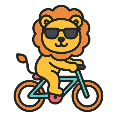 lion wearing sunglasses riding a bicycle, colored icon sticker
