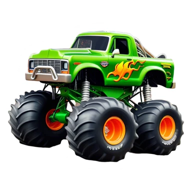 Grave Digger - Monster Jam (Model Year: 2022) (Iconic colour: Green with flames) - A legendary monster truck with a fearsome design: predominantly deep green with dynamic, vibrant flame graphics in bright orange and yellow. Highlight its rough, edgy bodywork and an aura of untamed rebellion. sticker