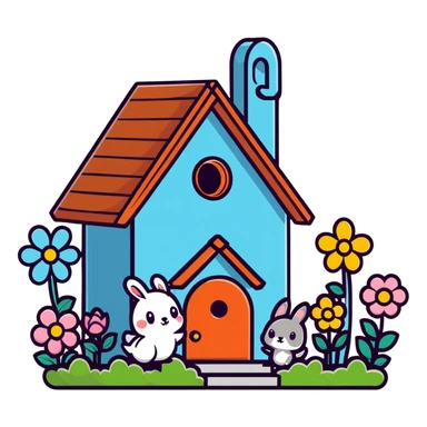 birdhouse with flowers and forest creatures including bunnies, birds, squirrels, soft pastel colors, transparent background sticker