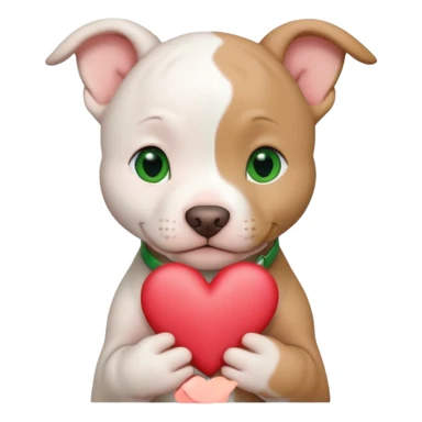 White and tan pitbull puppy with green eyes and cropped ears holding a heart sticker