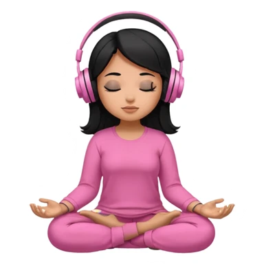 Chica de pelo negro Cabello grande con piel parda con los ojos cerrados escuchando musica en audifonos y con camisa rosa mientras medita sticker