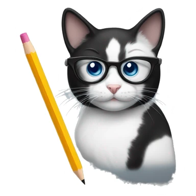 Black and white cat with nerd glasses and a pencil sticker