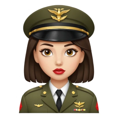 Emoji of a brunette girl in the military with big eyelashes, big lips with gloss, and a sassy face  sticker