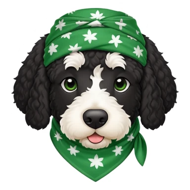 Black bernadoodle with white around mouth and big white eyebrows wearing green bandanna  sticker