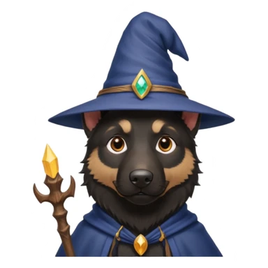 all black german shepherd face wearing a wizard hat and staff sticker