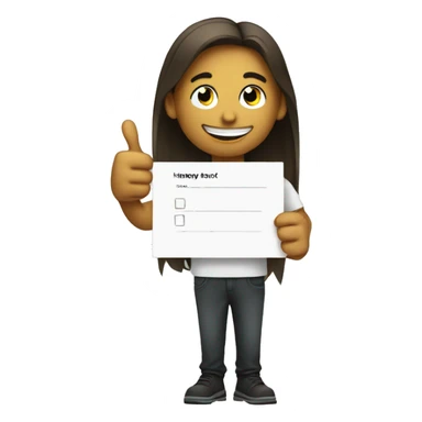 A young person holding a feedback form featuring a happy face emoji and giving a thumbs-up, symbolizing positive feedback sticker