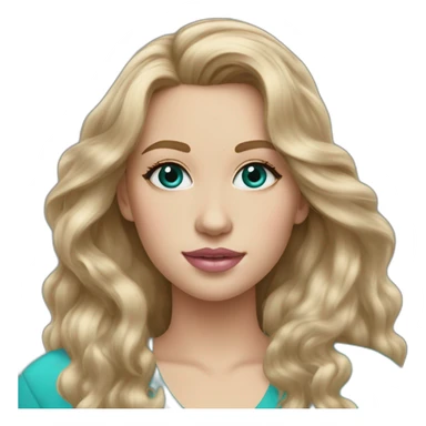 white girl with long wavy dirty blonde hair hazel eyes pink lip gloss turquoise top sticker