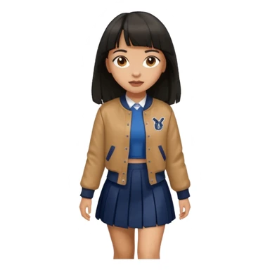 black color long hair with fringe, light skin long hair girl with brown varsity jacket,  navy long long skirt walking

 sticker