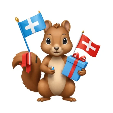 a squirrel holding a blue gift box in one hand and a Swiss flag in the other, both objects clearly visible, simple white background, the gift is a different color from the flag sticker