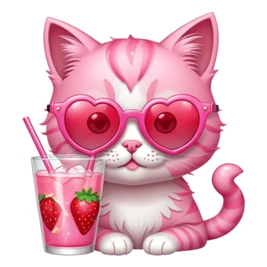 A bubblegum pink kitten with heart-shaped sunglasses, sipping a strawberry soda, surrounded by sparkles and summer vibes. sticker