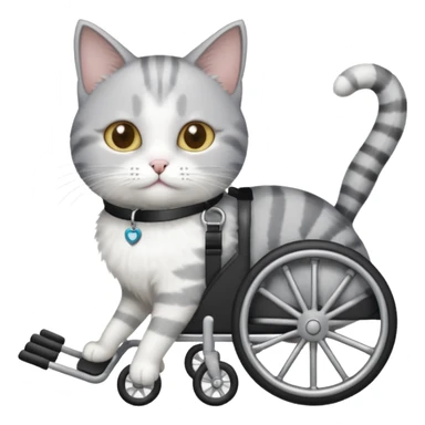 disabled grey and white cat using cat wheelchair sticker