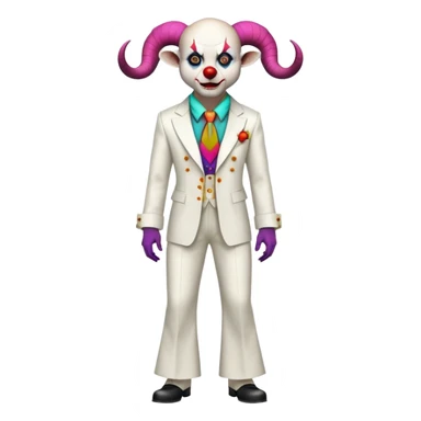 full-body demonic clown in a white leisure suit with bellbottom pants, bald, black ram horns, flashy belt, ruffled shirt, colorful tie, no elevator shoes sticker