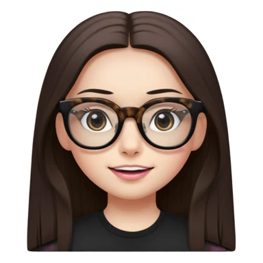 Girl with dark straight long hair, divided in the middle hairstyle, white skin, black eyes, wearing black shirt and tortoise framed glasses. The mounth is light old pink, with light smile with no teeth. sticker
