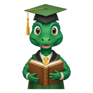 A claymation-style academic alligator with a book. The background is a solid white circle sticker