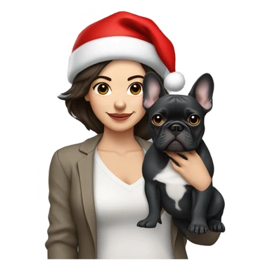 brunette woman with a dark grey French bulldog both wearing Santa hats  sticker