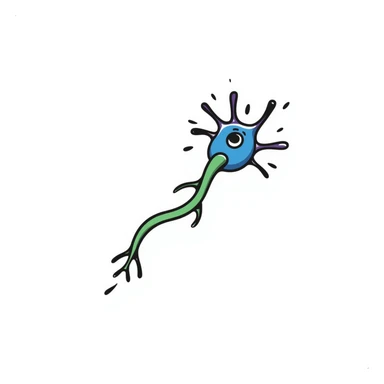 Anatomical neuron illustration with neuroprotective elements: blue cell body (soma), purple dendrites branching out, long green axon with myelin sheath, and protective shield-like aura surrounding the entire neuron. Hand-drawn detailed scientific diagram with glowing protective barrier. sticker