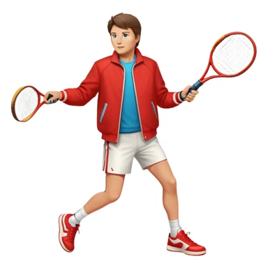 Marty McFly playing tennis, wearing his iconic red jacket and futuristic sneakers, holding a tennis racket, dynamic pose, retro-futuristic style, vibrant colors, simple and clean design, emoji-style illustration. sticker