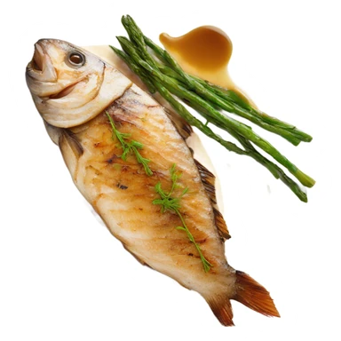 grilled fish small 3 fillet with brown butter sauce on white plate sticker