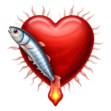 Glowing pieces of liver, red meat, and sardines floating around a red blood cell that shines brightly like a torch. Streams of light connect the blood cell to a heart and muscles, showing how heme iron creates energy and vitality throughout the body. sticker