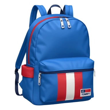 simple blue backpack, at the bottom pocket there is a  logo featuring a Tommy Jeans-inspired logo. The logo looks like a vertically-flag in one red, one white. The flag stripes are vertical, not horizontal. Flat

 sticker