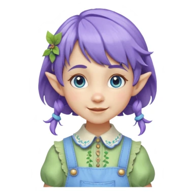 Kind happy whimsical quirky Girl toymaker, wood carving elf. Woodland nature creator. Blue eyes. Short bob, brown wavy hair with bangs. Whimsical playful cute. Overalls with nature embroidered cute shirt collar. Light green, light purple and light blue colour aesthetic  sticker