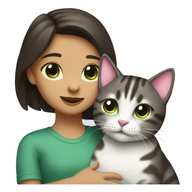 A girl with dark brown hair stands with her back and hugs a gray tabby cat with a pink nose and green eyes. sticker