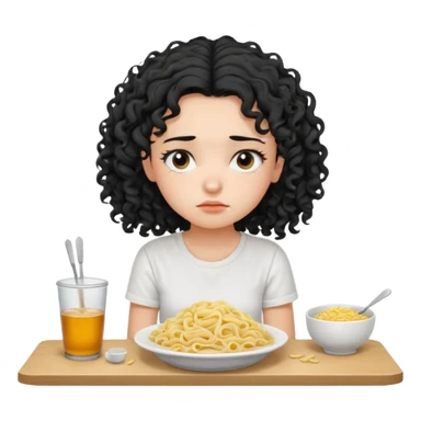 generate a pretty bratz fair skinned girl with curly black hair wearing a white tshirt sitting on a table with noodles. looking sleepy and tired sticker