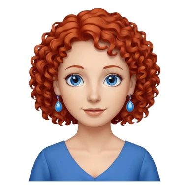 una profesora simpática con el pelo rojo rizado, ojos azules, vestido azul y pendientes azules sticker