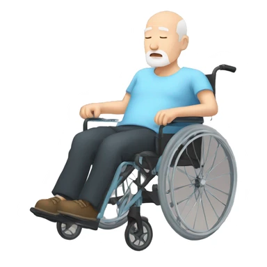 a sleeping bald old man with white beard, black shorts, light-blue shirt, on a wheelchair. His head is falling to the side from sleeping sticker