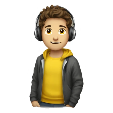 a brown hair boy with headphone and yellow pullover ay "hi" sticker