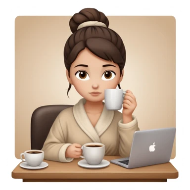 A brunette girl with a bun as hairstyle, with dark brown eyes, dark circles under eyes, tired, sad face, with a mug of coffee in one hand and sitting in front of a computer, wearing a soft fluffy beige robe sticker