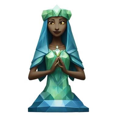 Sculpture oracle priestess with a geometric faceted design with disney features. Oracle of delphi is sparkling and standing upright on a base with angular and flower features. The vibrant blues neutrals and greens highlights the sharp edges and planes.  sticker