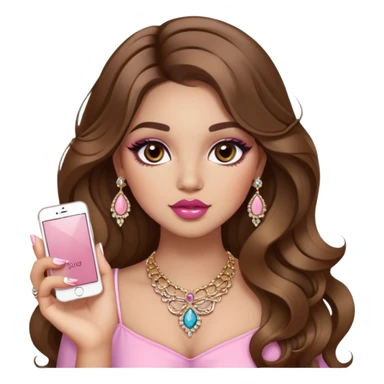 Light skinned girl, long wavy brown hair center-part with face framing pieces, big hazel eyes, lots of jewelry, trendy cute top, prominent blush, sassy, big lips, makeup, fancy long acrylic nails done, holding makeup. She is curvy sticker