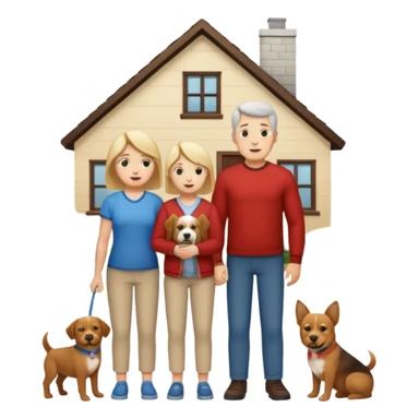 a mom and dad standing in front of a house with their son and a dog next to them (1 dog) and 1 SON not daughter the son should be very short sticker
