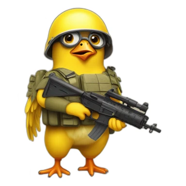 Un poussin jaune avec un casque militaire et une arme a feu minion sticker