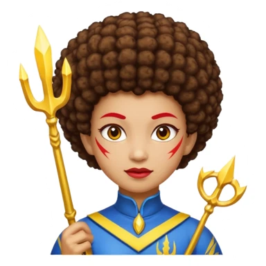 Emoji metisse femboy mais plus masculin avec drapeau ukrainien arriere plan, un afro, sourcils rouge, fourche trident, et eclairs et sur fond bleu clair irrisé. Peau lightskin, yeux marron et cheveux marron bouclés mais en mode afro pixi cut sticker