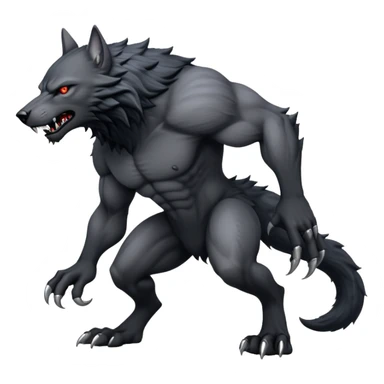 cinematic-noble-fierce-werewolf-full body on all fours-emoji, poised-and-imposing, with a tall, lean, and muscular wolfish frame inspired by the brutal, imposing shape of the beast from Berserk, fur rippling in shades of midnight black and silver, massive paws with razor-sharp claws, elongated limbs and fangs, eyes glowing with an intense, primal ferocity, reflecting the untamed power of the wild moonlit night; rendered with realism like a wolf hunched over sticker