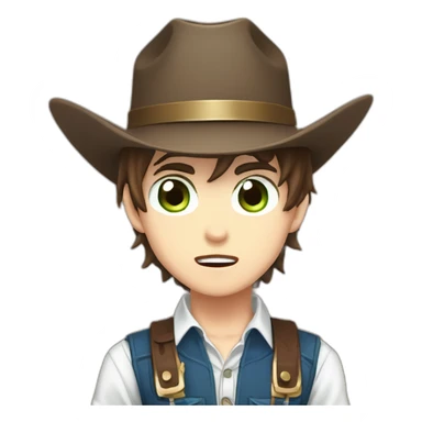 Young male cowboy with brown hair and one brown eye and one green eye, wearing a white shirt, a blue vest, and a brown cowboy hat, anime chibi style, surprised, mouth open sticker