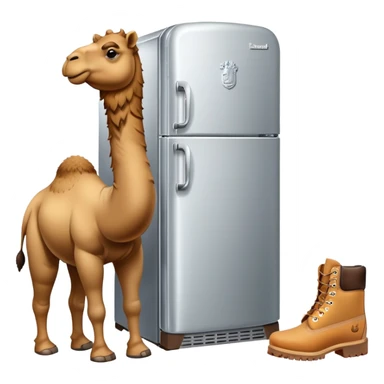 A silver refrigerator with doors as the body, a brown camel head with a hump on top, and tan Timberland boots on the bottom sticker