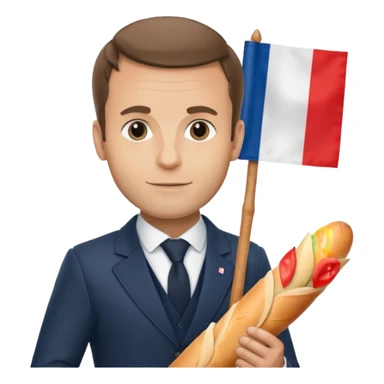 Macron avec une baguette et un drapeau français derrière lui sticker