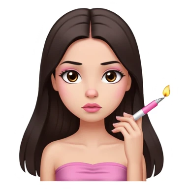 girl with lighter skin, dark brown long straight hair, pouty shiny lips without cupid's bow, large eyes, lighter button nose, long oval-shaped face, wearing a pink bandeau top with straight neckline, looking directly at camera with hands down at sides sticker