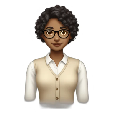 smiling dark skin indian teenage girl with black curly hair and glasses wearing a collared long sleeve white shirt under a beige v shaped collar sweatervest with no buttons sticker
